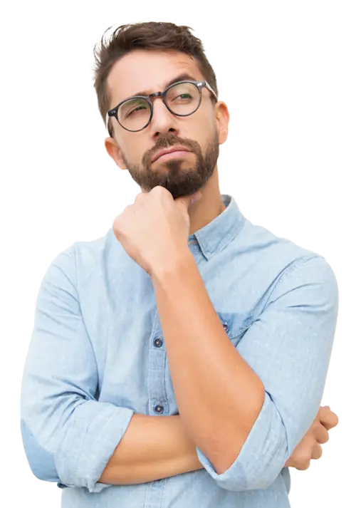 Nachdenklicher Mann mit Brille und Bart, der den rechten Arm verschränkt und die linke Hand an das Kinn legt